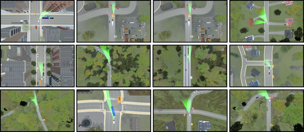 Overhead perspective renderings of cars on the road navigating intersections.